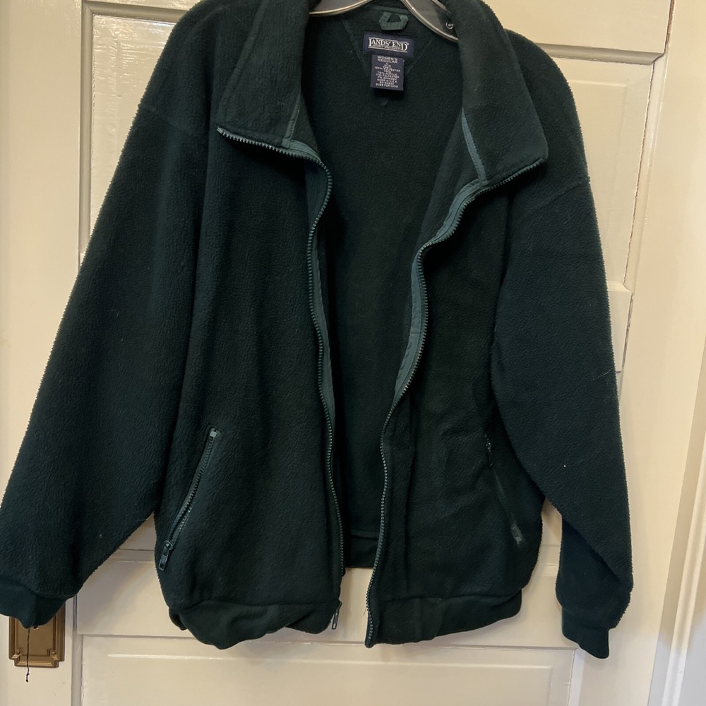 Land's End Fleece Jacket Hunter Green Women's Sz L Full Zip Pockets Hiking Fall